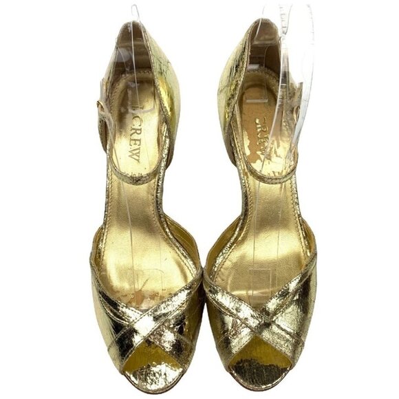 J crew heels size 6 gold Italian leather metallic peep toe party formal holiday - Picture 2 of 14